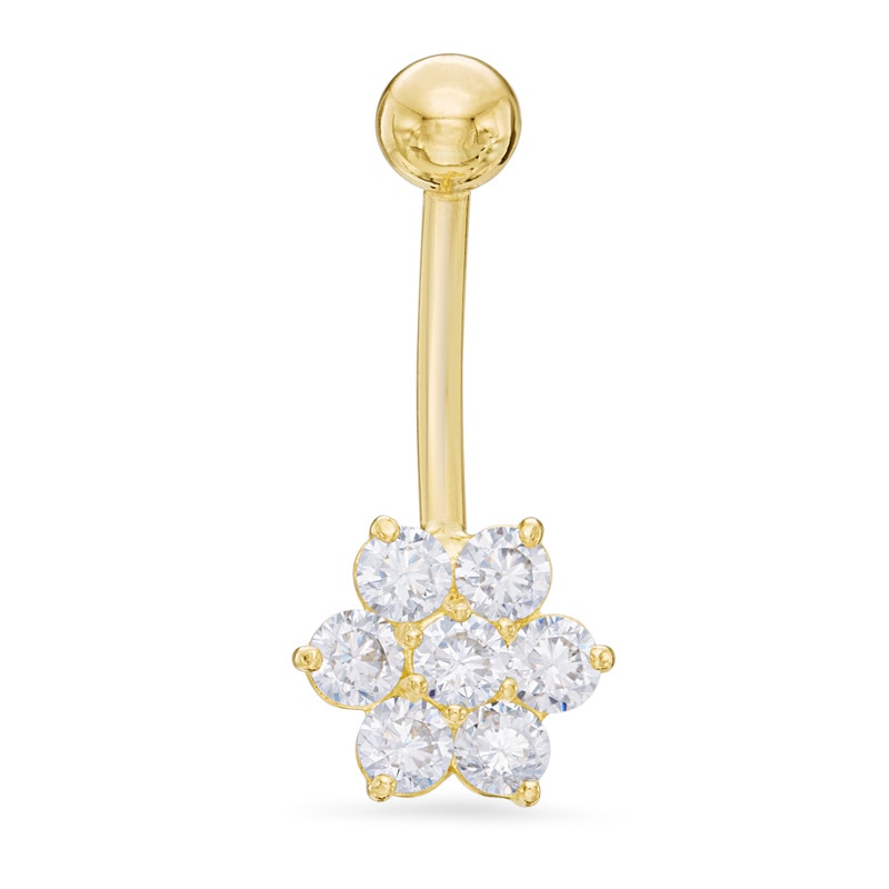 10K Solid Gold CZ Flower Belly Button Ring - 14G 3/8"