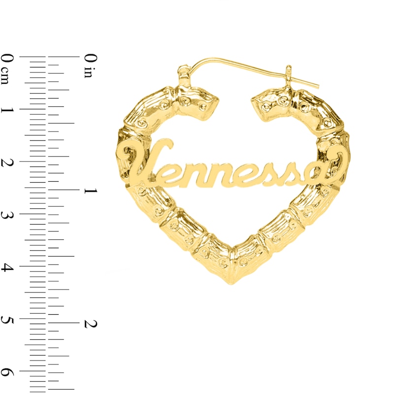 3.3mm Script Name Bamboo Heart Hoop Earrings in Sterling Silver with 14K Gold Plate (1 Line)