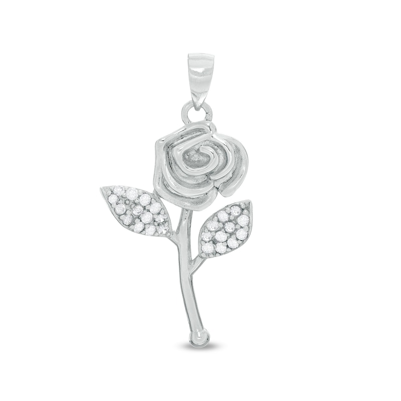 Cubic Zirconia Long Stem Rose Necklace Charm in Solid Sterling Silver