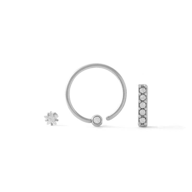 Stainless Steel Tube and Brass Solid CZ Star, Bar and Bead Cartilage Barbell and Hoop Set - 18G