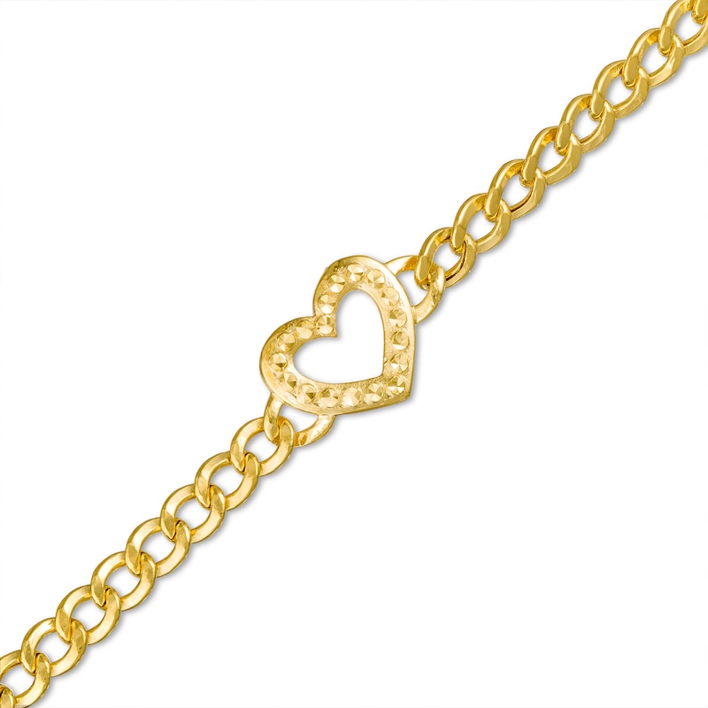 10K Hollow Gold Textured Heart Outline Curb Chain Bracelet - 7.5"