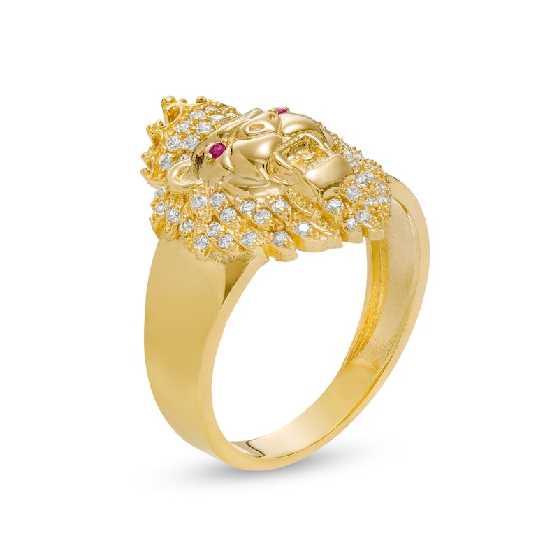 Lab-Created Ruby and White Cubic Zirconia Lion Head with Crown Ring in 10K Gold - Size 10