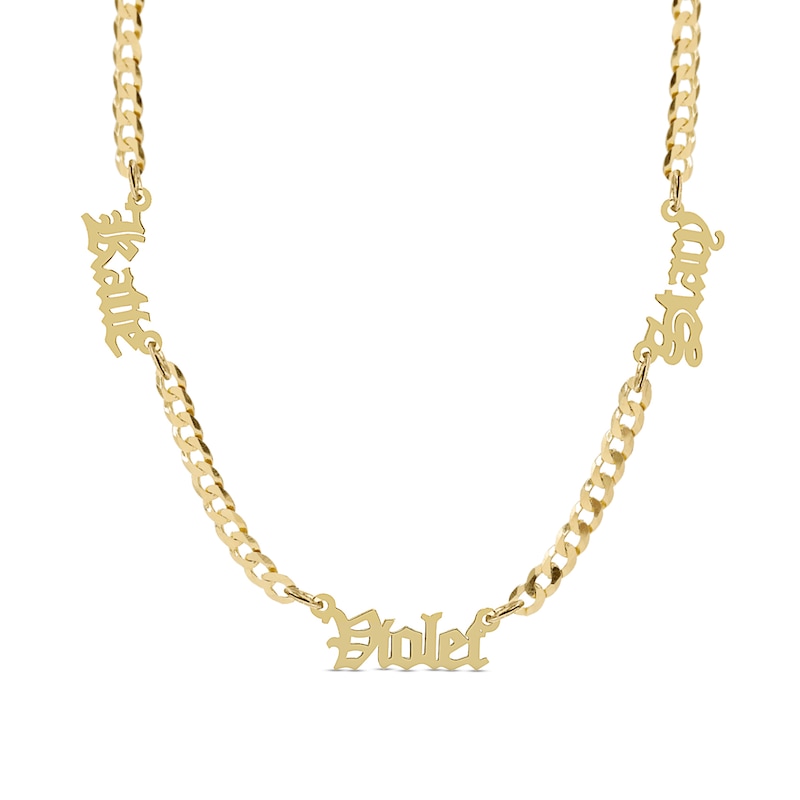 Three Name Gothic Nameplate Curb Chain Personalized Necklace in Solid Sterling Silver with 14K Gold Plate - 18"