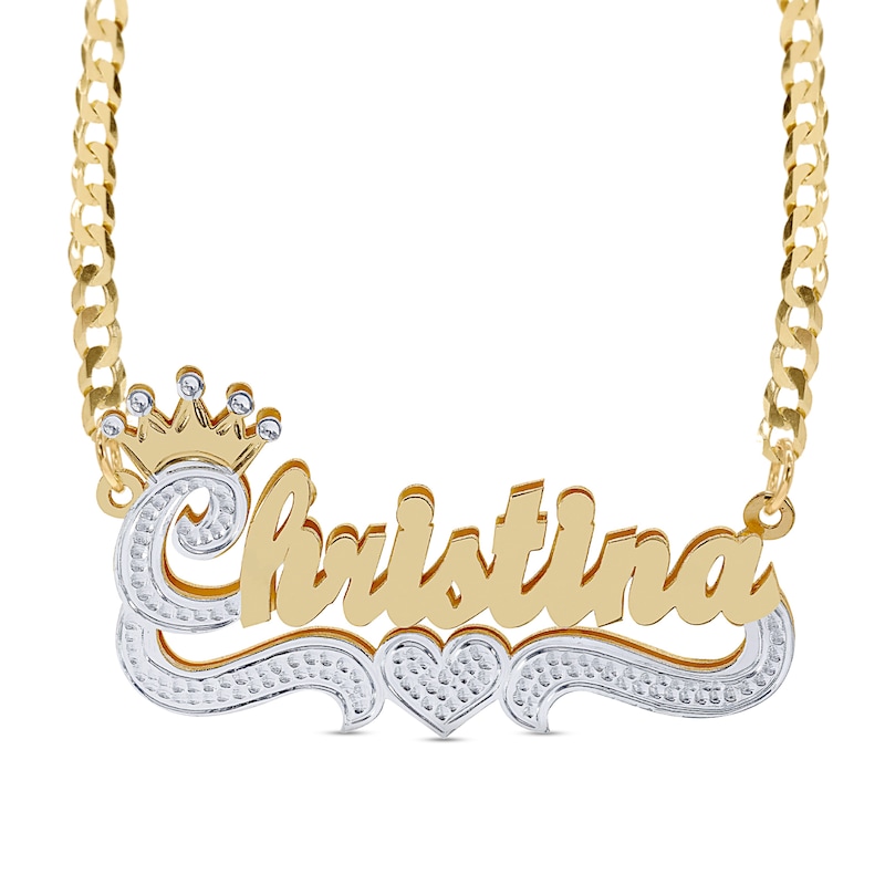 Script Name with Crown and Heart Curb Chain Two-Tone Necklace in Sterling Silver with 14K Gold Plate (1 Line) - 18"