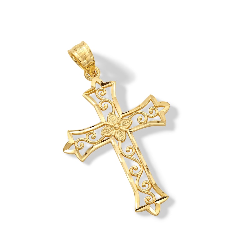 14K Solid Gold Diamond-Cut Swirl Cross Charm