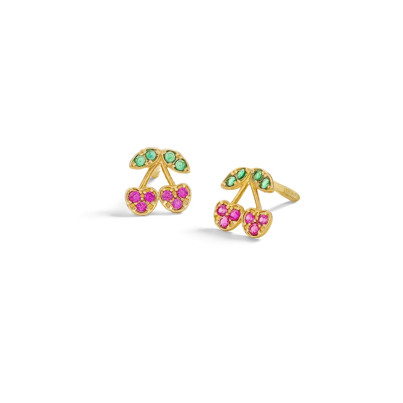 Child's 10K Solid Gold CZ and Synthetic Ruby Cherry Studs