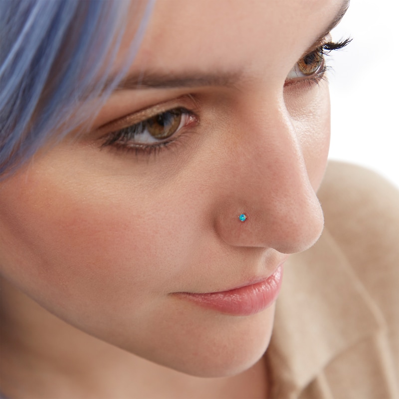 14K Semi-Solid and Hollow Gold CZ and Simulated Blue Opal Three Piece Nose Ring Set - 22G