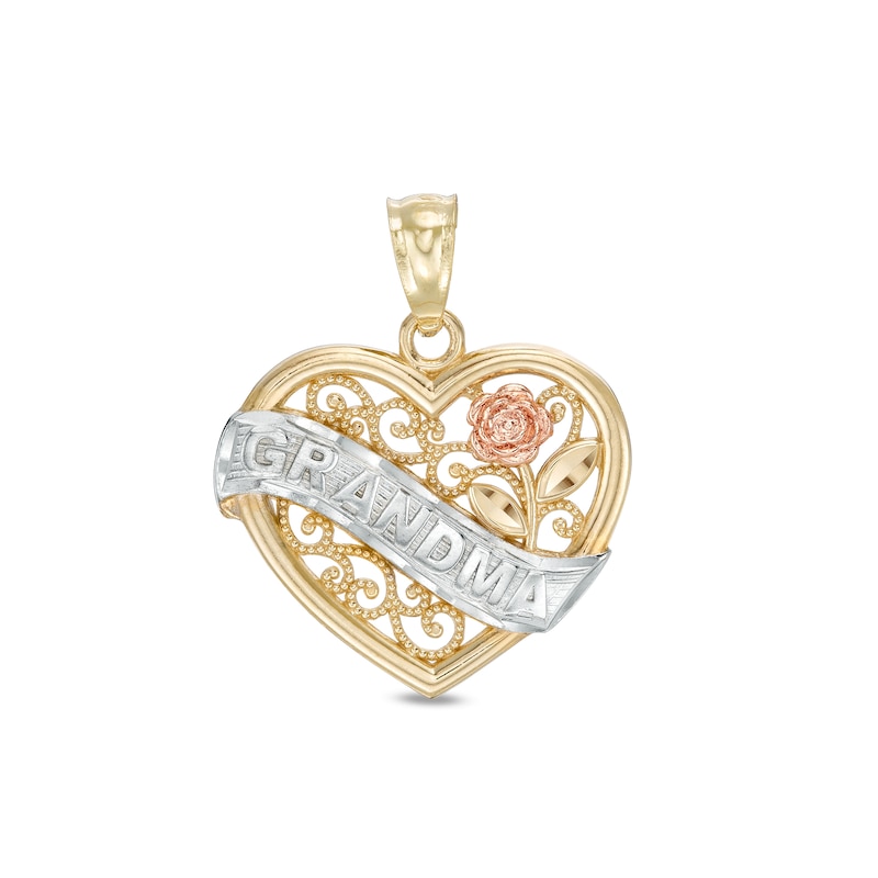 Beaded Filigree Heart "GRANDMA" with Flower Pendant in 10K Solid Tri-Tone Gold