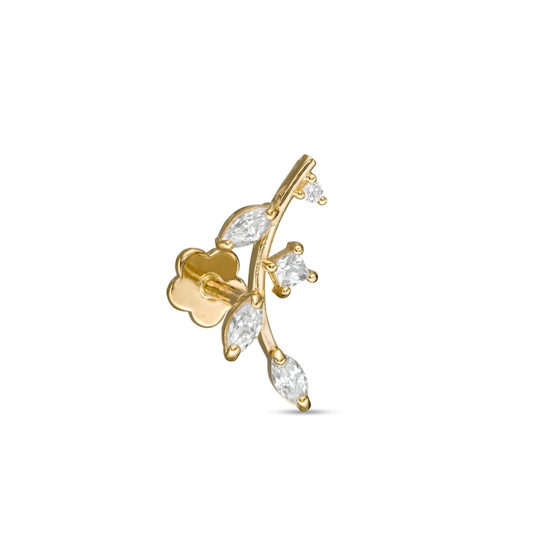 14K Hollow Gold CZ Curved Leafy Branch Stud - 18G 5/16"