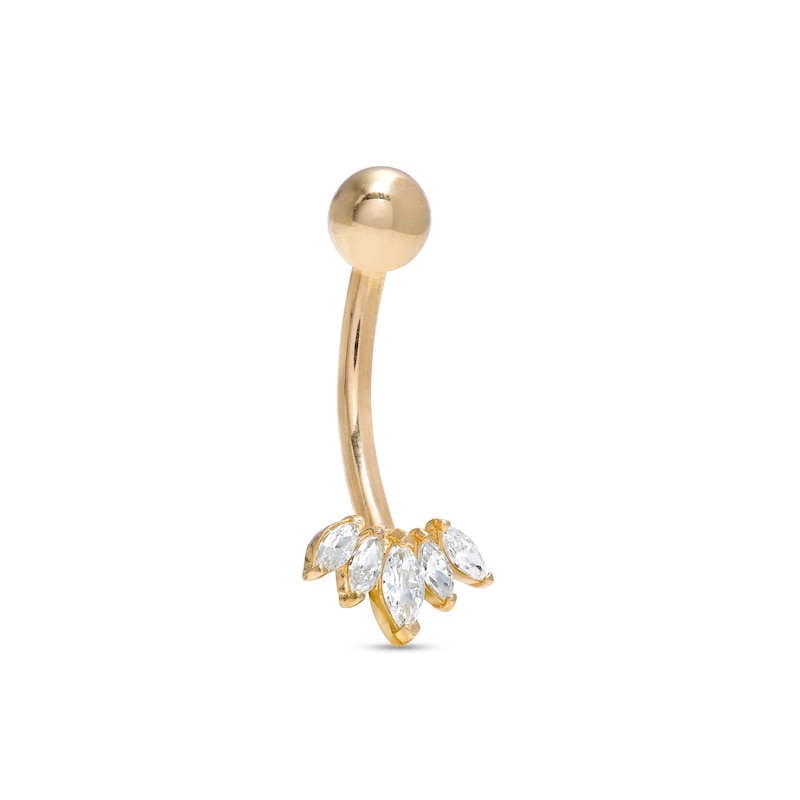 14K Solid Gold CZ Marquise Five Stone Belly Button Ring - 14G 3/8"