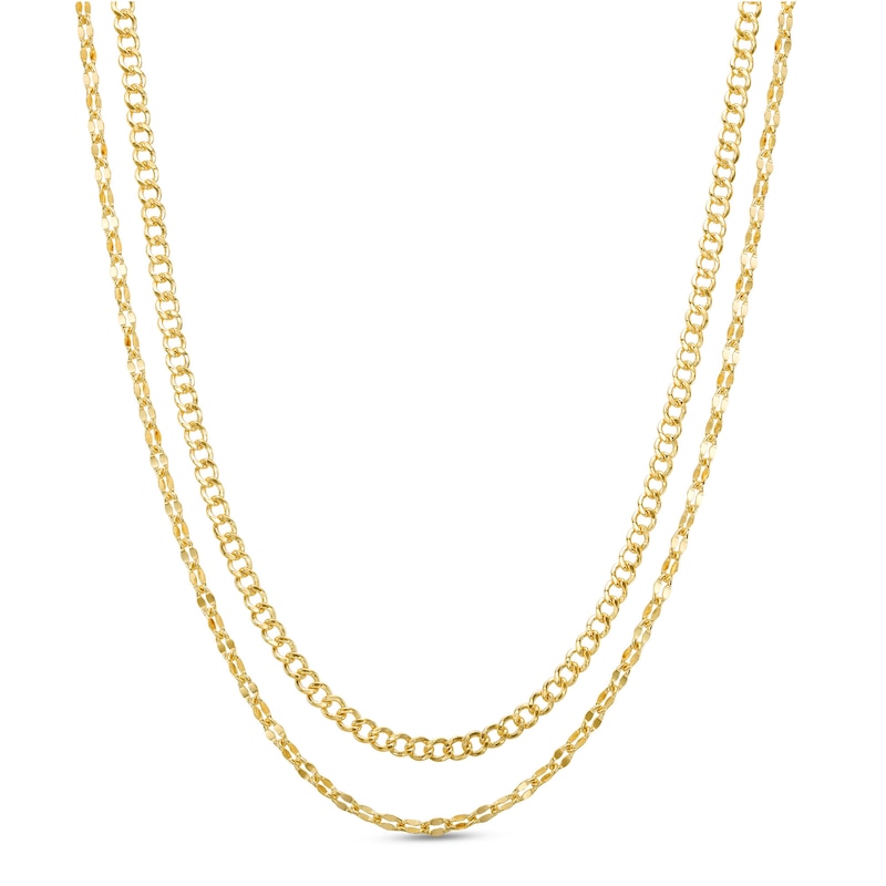 Double Flat Curb and Mirror Cable Chain Necklace in 10K Solid Gold Bonded Sterling Silver - 17"