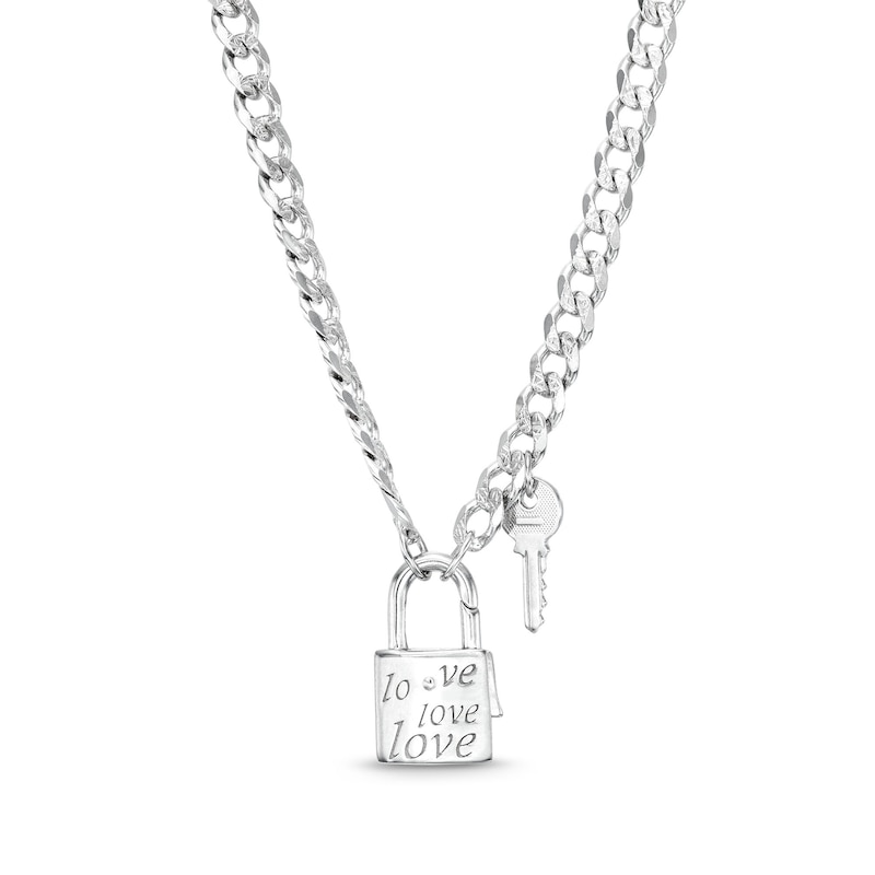 Made in Italy Lock and Key Curb Chain Necklace in Solid Sterling Silver - 18"