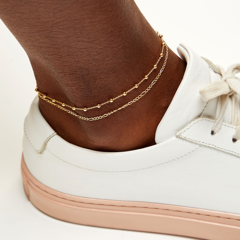10K Gold Bonded Figaro and Bead Double Chain Anklet - 10"