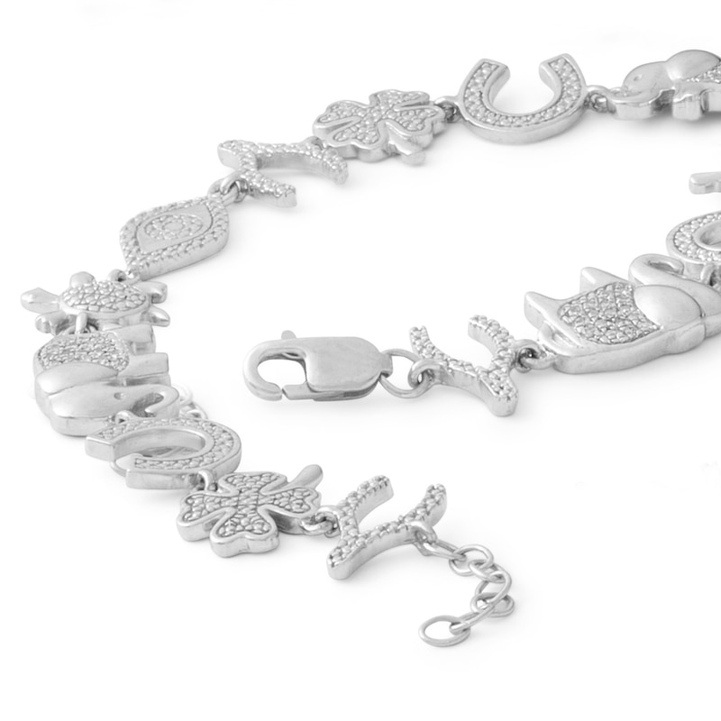 1/10 CT. T.W. Diamond Luck Theme Charm Link Bracelet in Sterling Silver - 7.5"