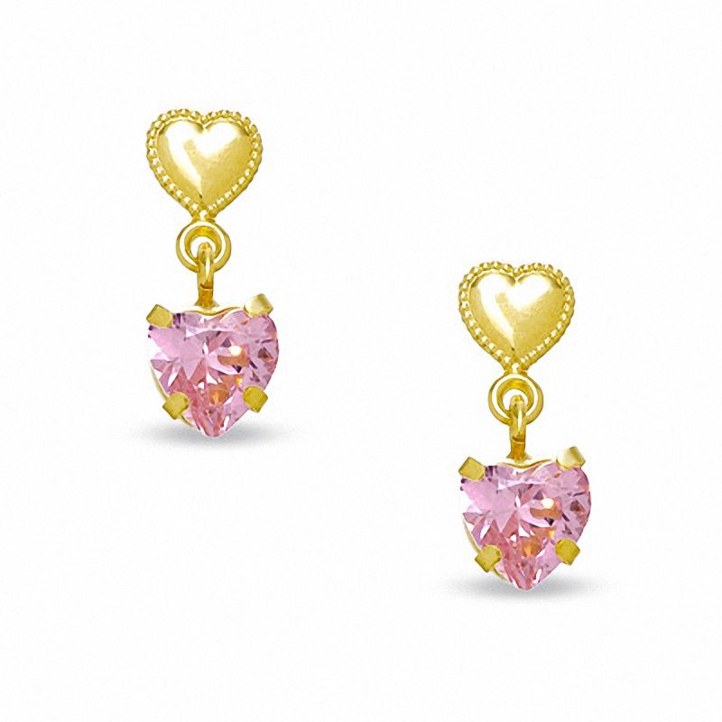 10K Gold Heart with Heart-Shaped Pink Cubic Zirconia Dangle Earrings