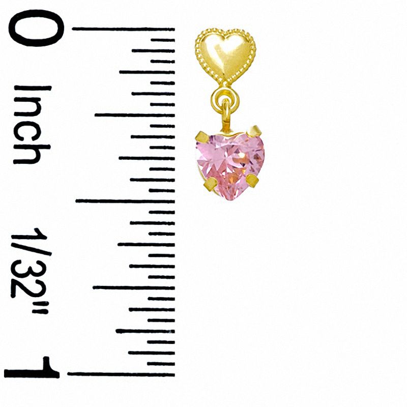 10K Gold Heart with Heart-Shaped Pink Cubic Zirconia Dangle Earrings
