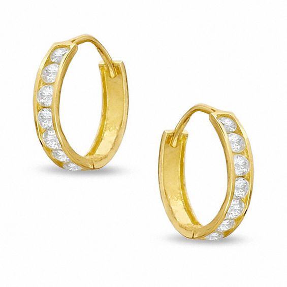 Cubic Zirconia Seven Stone 13mm Huggie Earrings in 10K Gold | Banter