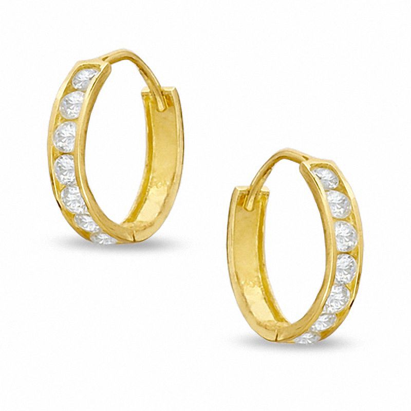 Cubic Zirconia Seven Stone 13mm Huggie Earrings in 10K Gold