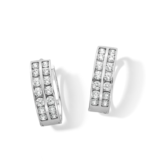 10K Solid White Gold CZ Channel Double Row Hoops