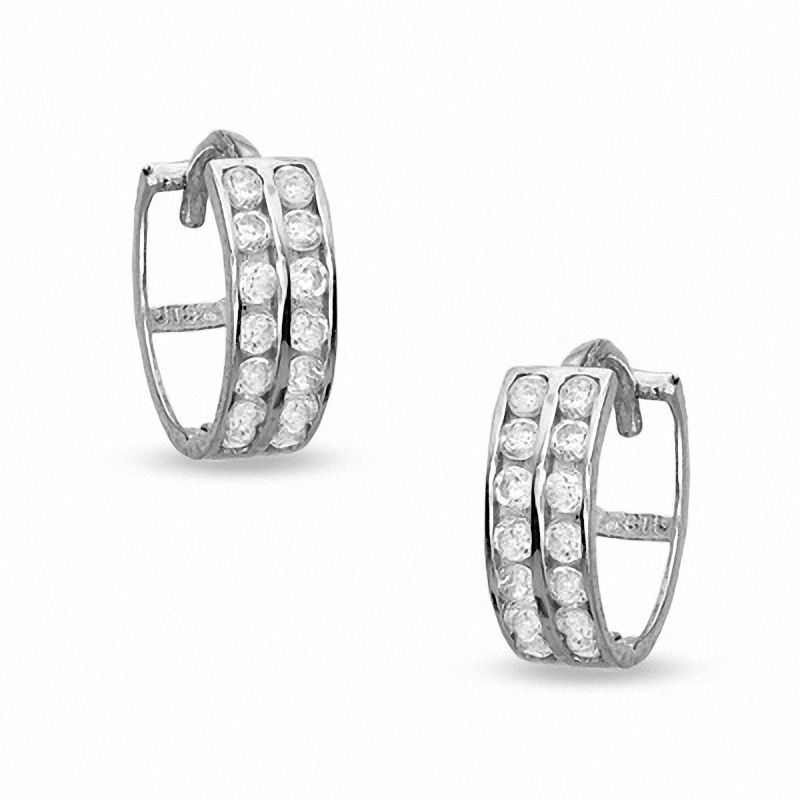 Cubic Zirconia Two Row 11mm Huggie Earrings in 10K White Gold