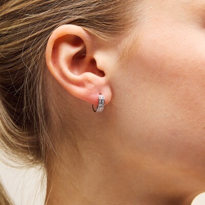 10K Solid White Gold CZ Channel Double Row Hoops
