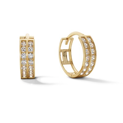 Cubic Zirconia Two Row 11mm Huggie Earrings in 10K Gold