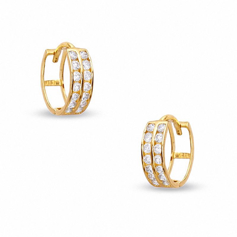 Cubic Zirconia Two Row 11mm Huggie Earrings in 10K Gold