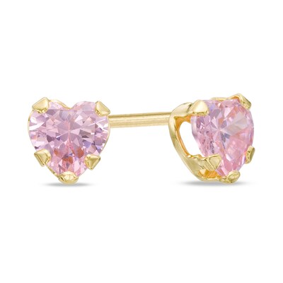 Child's 4mm Heart-Shaped Pink Cubic Zirconia Earrings in 10K Gold
