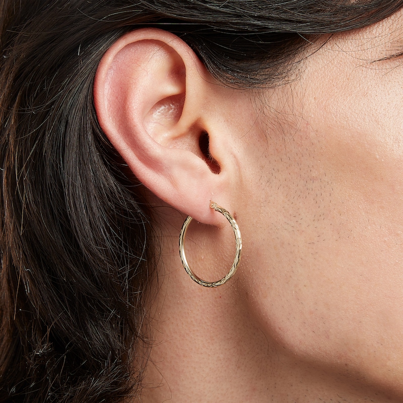 Main Image 4 of 10K Gold 27mm Diamond-Cut Tube Hoop Earrings