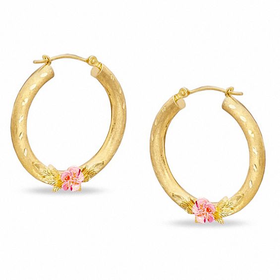 10K Two-Tone Gold Diamond-Cut Rose on Hoop Earrings