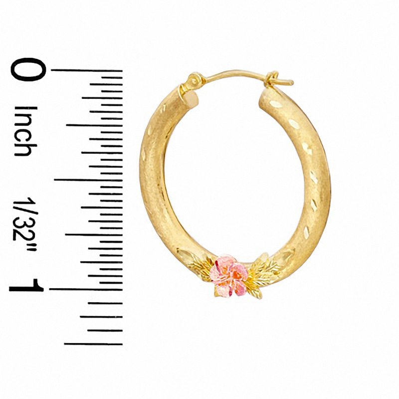 10K Two-Tone Gold Diamond-Cut Rose on Hoop Earrings