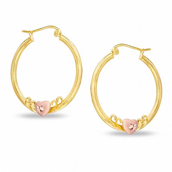 10K Two-Tone Gold Heart on Hoop Earrings