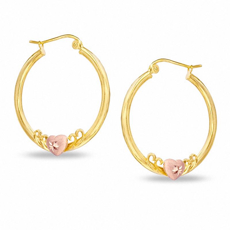 10K Two-Tone Gold Heart on Hoop Earrings