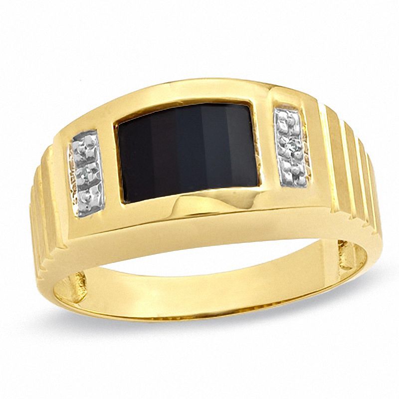 Main Image 1 of Barrel-Cut Lab-Created Onyx Ring in 10K Gold with Diamond Accents