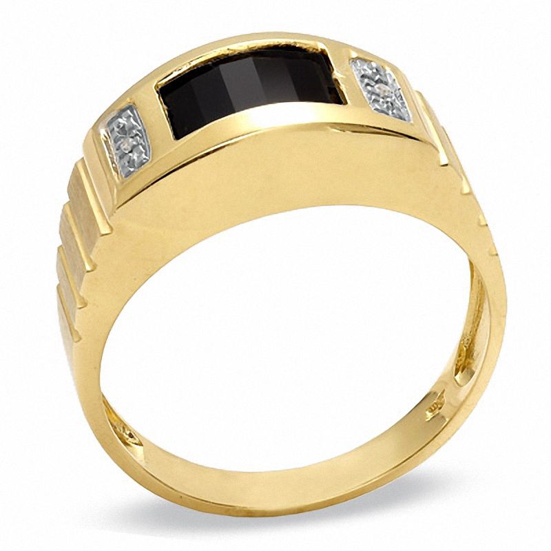 Barrel-Cut Lab-Created Onyx Ring in 10K Gold with Diamond Accents