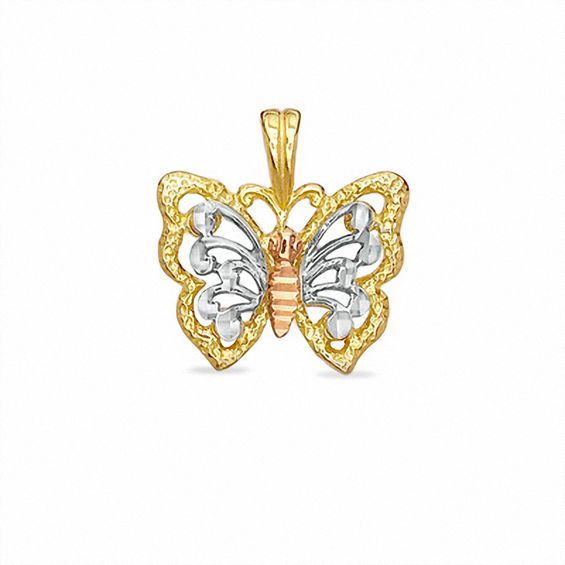 Textured Butterfly Tri-Tone Necklace Charm in 10K Gold