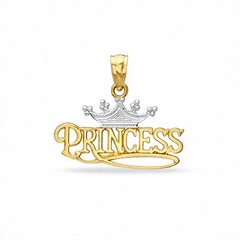 Textured Princess with Crown Two-Tone Necklace Charm in 10K Gold
