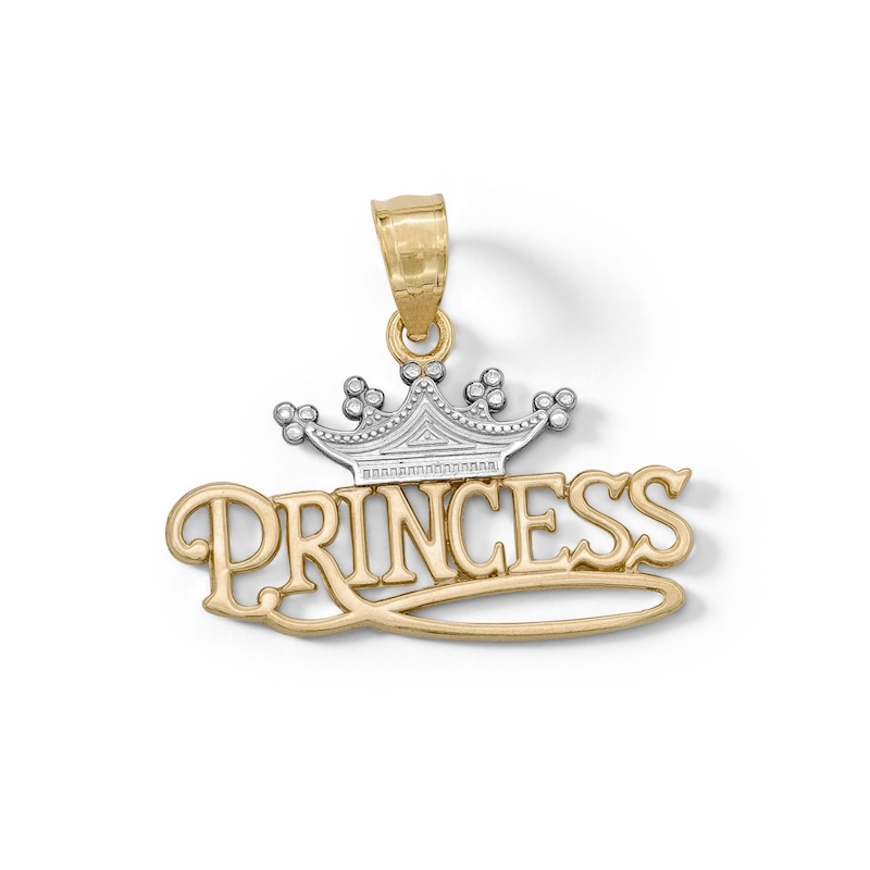 Main Image 1 of Textured Princess with Crown Two-Tone Necklace Charm in 10K Gold