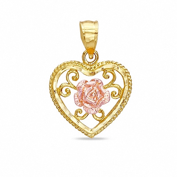 Diamond-Cut Rose in Open Heart Charm in 14K Two-Tone Gold