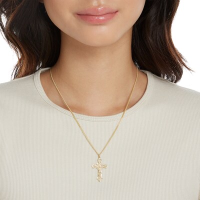 10K Solid Gold Diamond-Cut Filigree Crucifix Necklace Charm