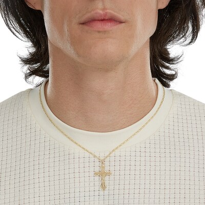 10K Solid Gold Diamond-Cut Filigree Crucifix Necklace Charm