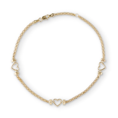 Adjustable Heart Bismark Chain Anklet in 10K Solid Gold  - 10"