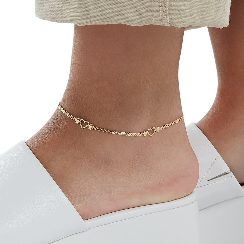 Adjustable Heart Bismark Chain Anklet in 10K Solid Gold  - 10"