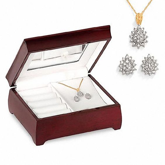 Diamond Pendant and Earring Set in 10K Gold with Wooden Box