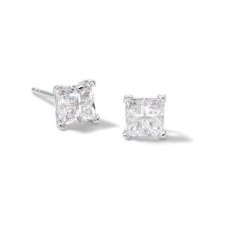 Solid Sterling Silver Princess-Cut CZ Quad Groove Studs