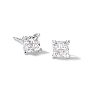 Solid Sterling Silver Princess-Cut CZ Quad Groove Studs
