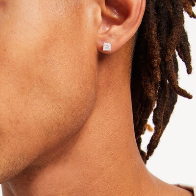 Solid Sterling Silver Princess-Cut CZ Quad Groove Studs