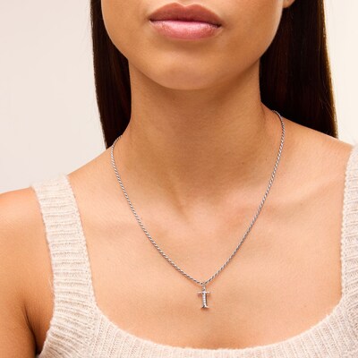 Cubic Zirconia Small Initial "T" Charm in Sterling Silver