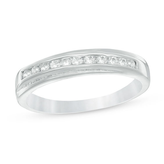 Cubic Zirconia Diagonal Channel Wedding Band in Sterling Silver