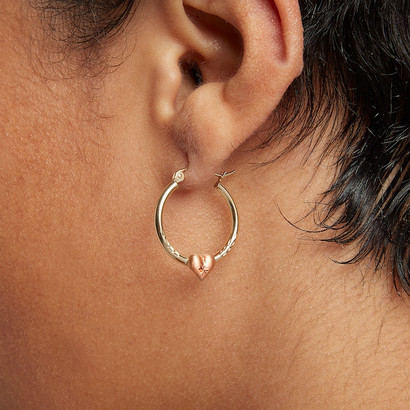 10K Two-Tone Gold Heart on Hoop Earrings